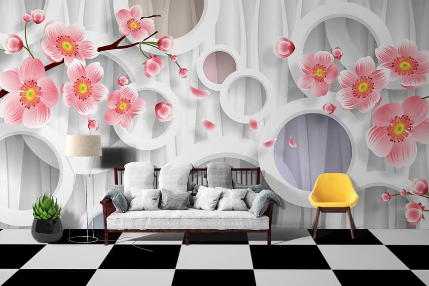 Floral Print Circles Tree Branches shown in a room