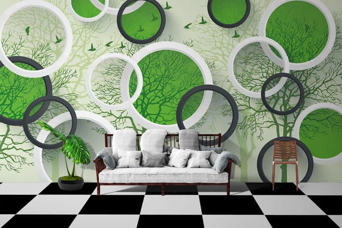 Green Circular Shape Birds Forest shown in a room