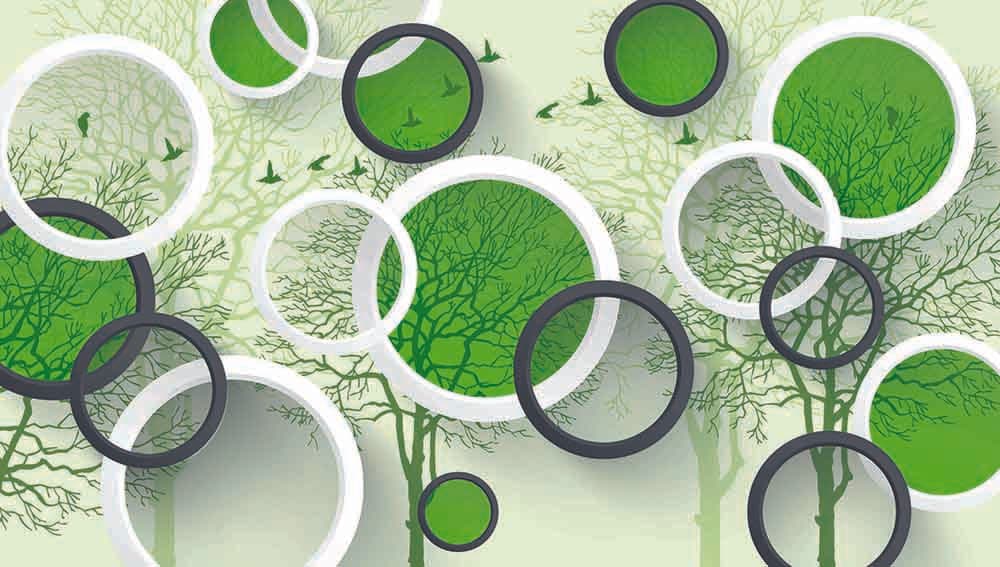 Green Circular Shape Birds Forest pattern detail