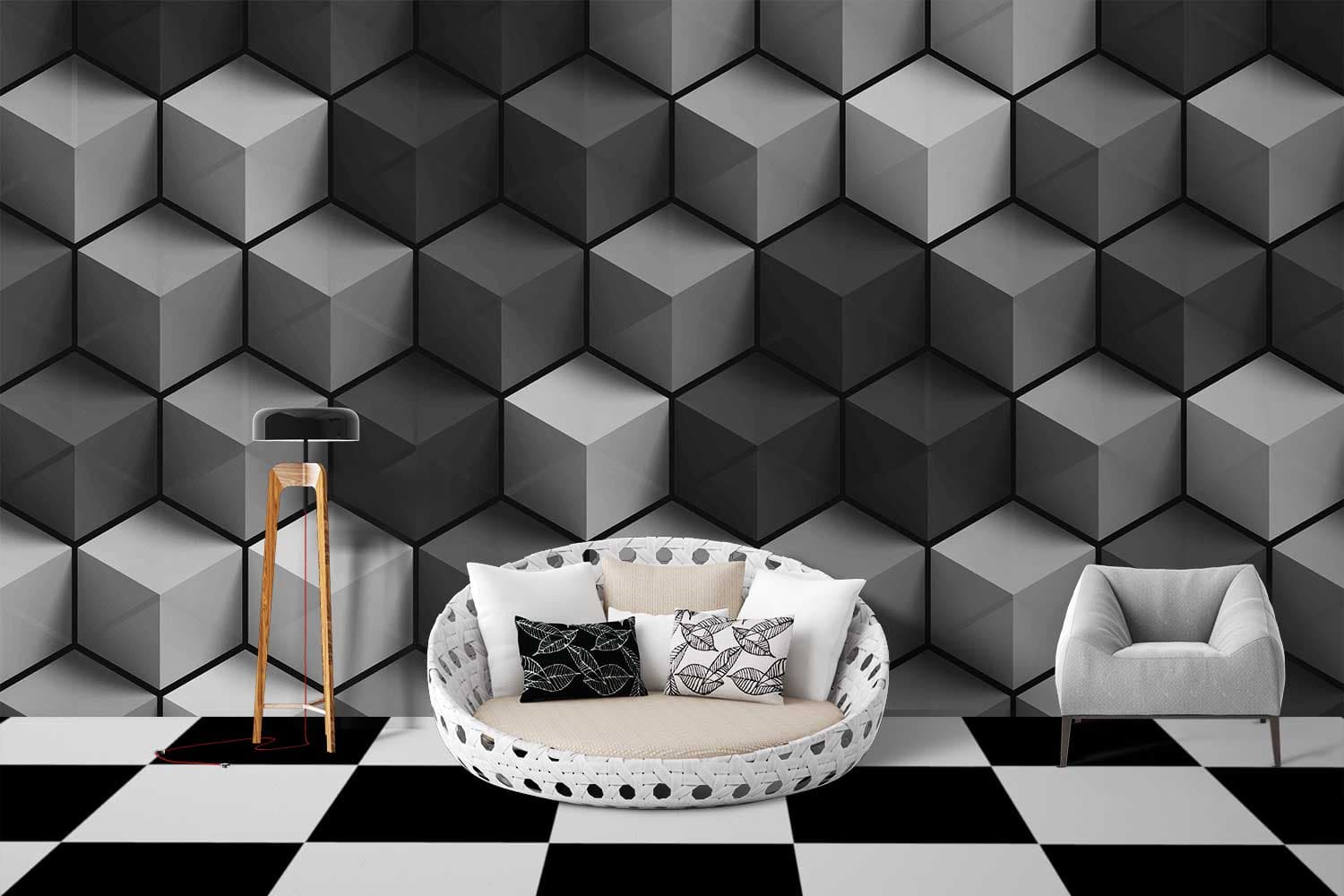 Cubes Black and White Perspective shown in a room