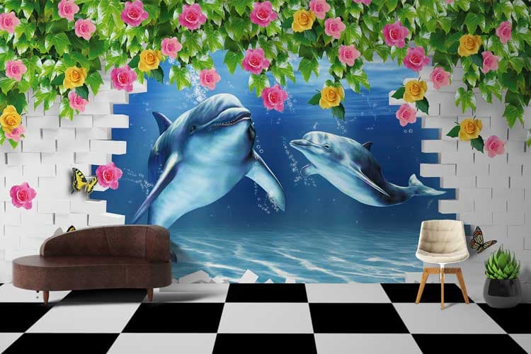 Flower Underwater Whales Wall Mural Wallpaper shown in a room
