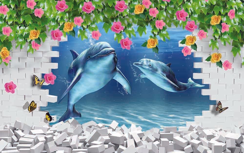 Flower Underwater Whales Wall Mural Wallpaper pattern detail