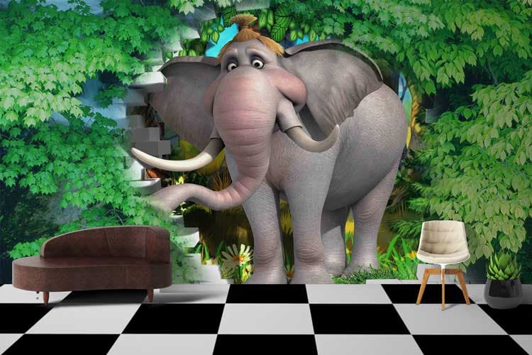 Jumbo, Cute 3d Elephant Wallpaper Mural shown in a room