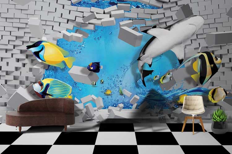 Underwater Fish Brick Effect Wall Decor Wallpaper shown in a room
