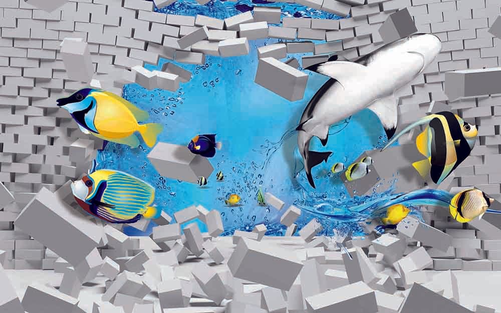 Underwater Fish Brick Effect Wall Decor Wallpaper pattern detail
