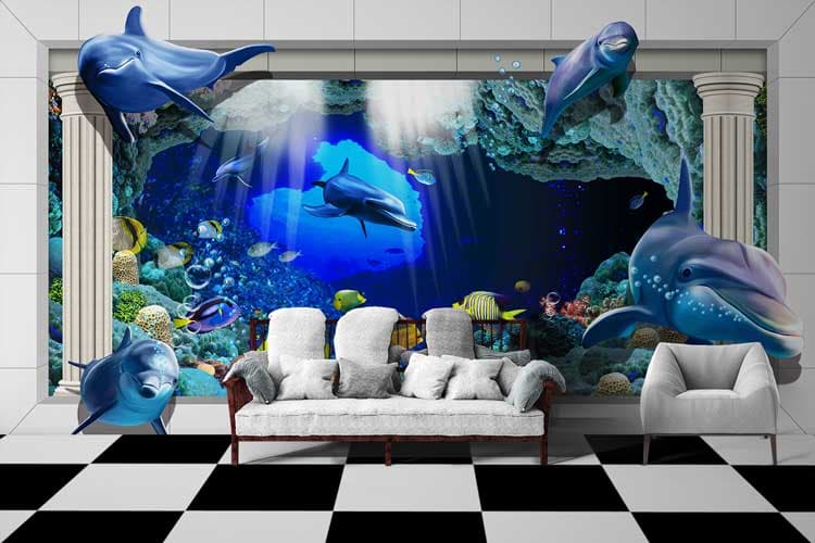 Whales and Deep Ocean Fishes Underwater Mural Wallpaper shown in a room