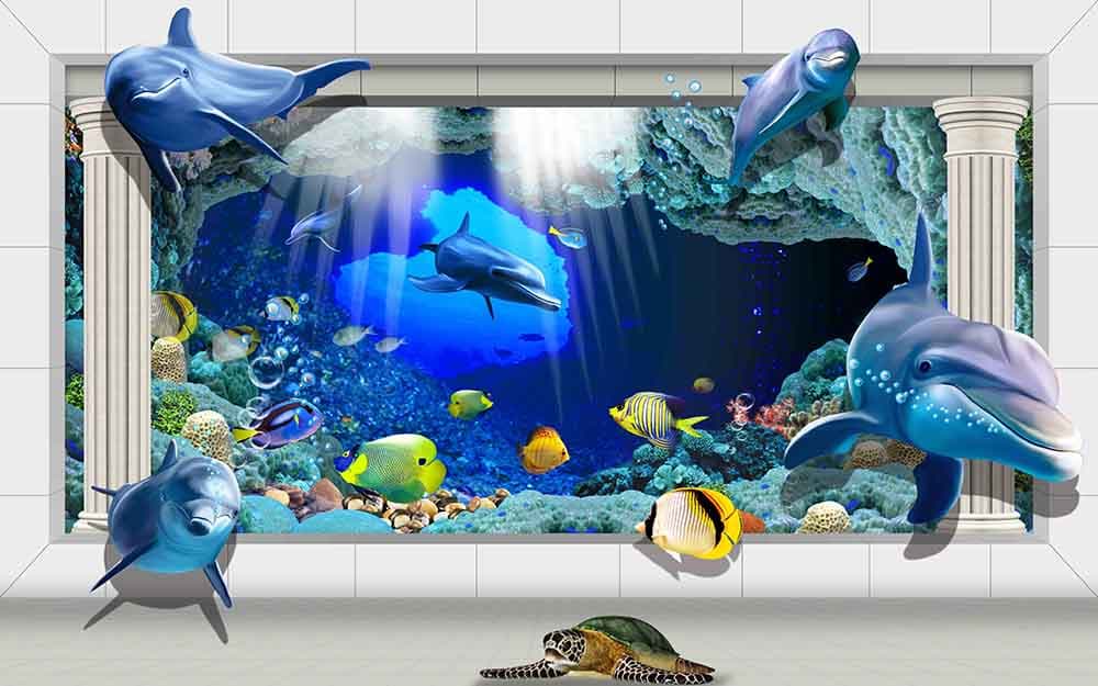 Whales and Deep Ocean Fishes Underwater Mural Wallpaper pattern detail