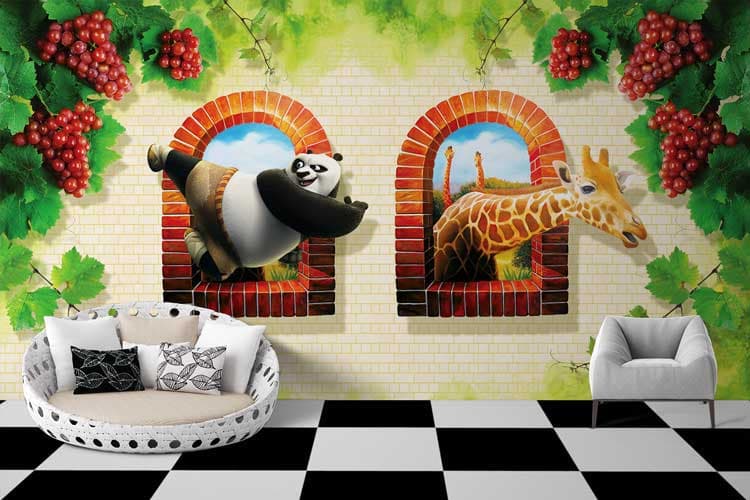 Cute Panda and Giraffe Safari Adventure Kids Room Wallpaper shown in a room
