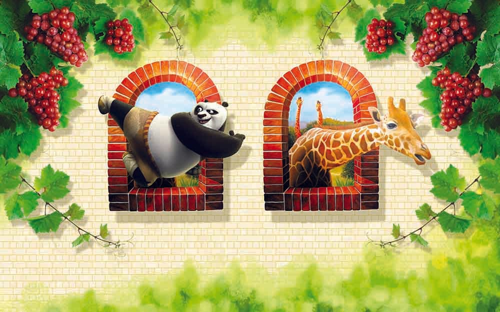 Cute Panda and Giraffe Safari Adventure Kids Room Wallpaper pattern detail