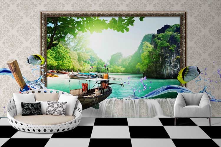 River Scenery 3D Wallpaper shown in a room