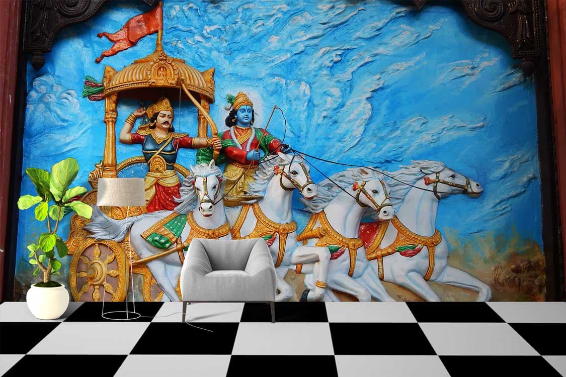 Traditional Mahabharata Scene Wall Wallpaper shown in a room