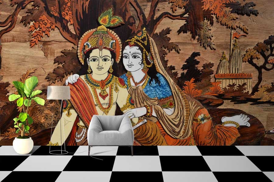Classic Radha Krishna Mural Art wallpaper shown in a room
