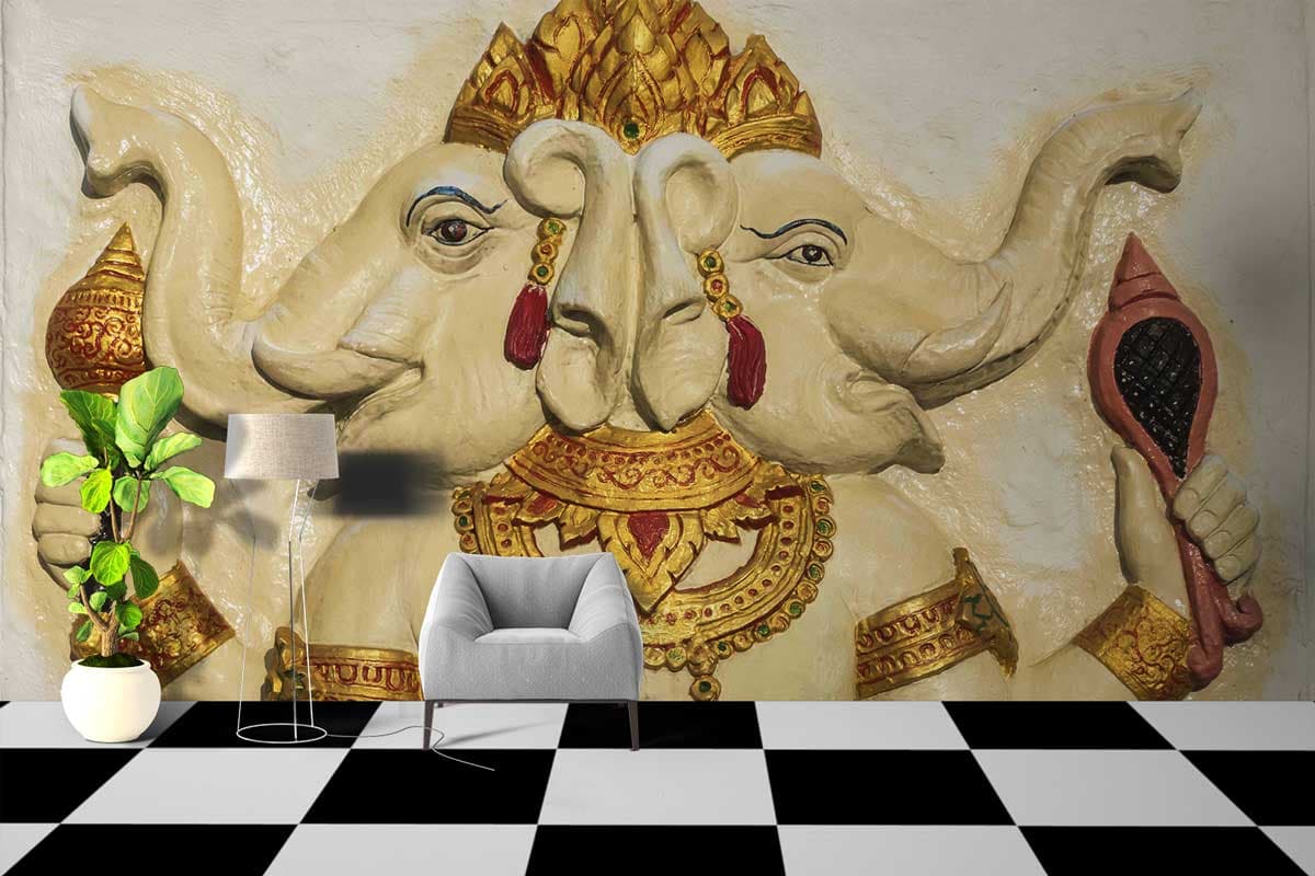 Two Headed Ganesha 3D Wallpaper shown in a room