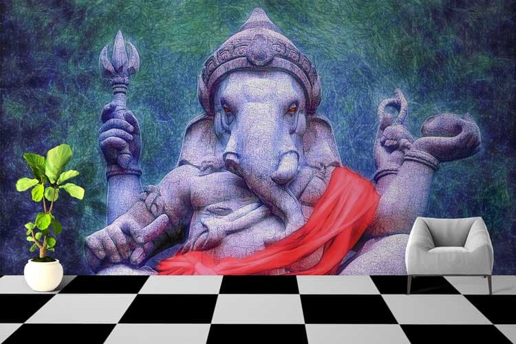 Stone Effect Ganesha Wallpaper shown in a room