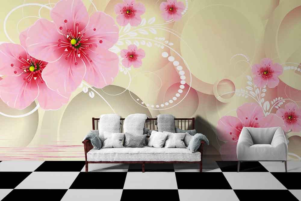 Glamorous Pink Floral Wall Design Wallpaper shown in a room