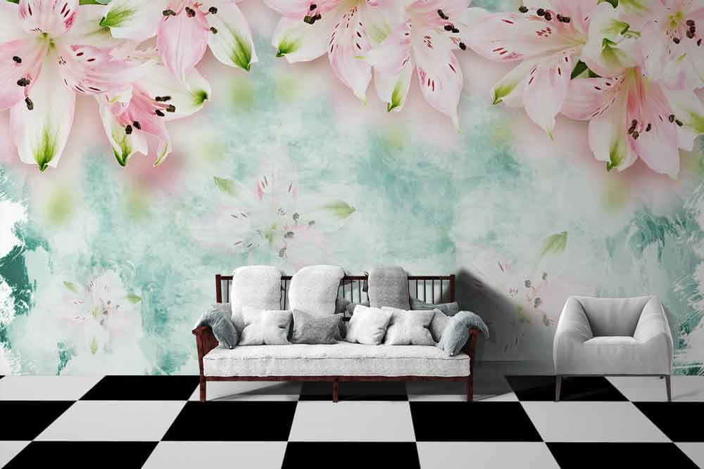 Romantic Pink Lily Bloom Decorative Wallpaper shown in a room