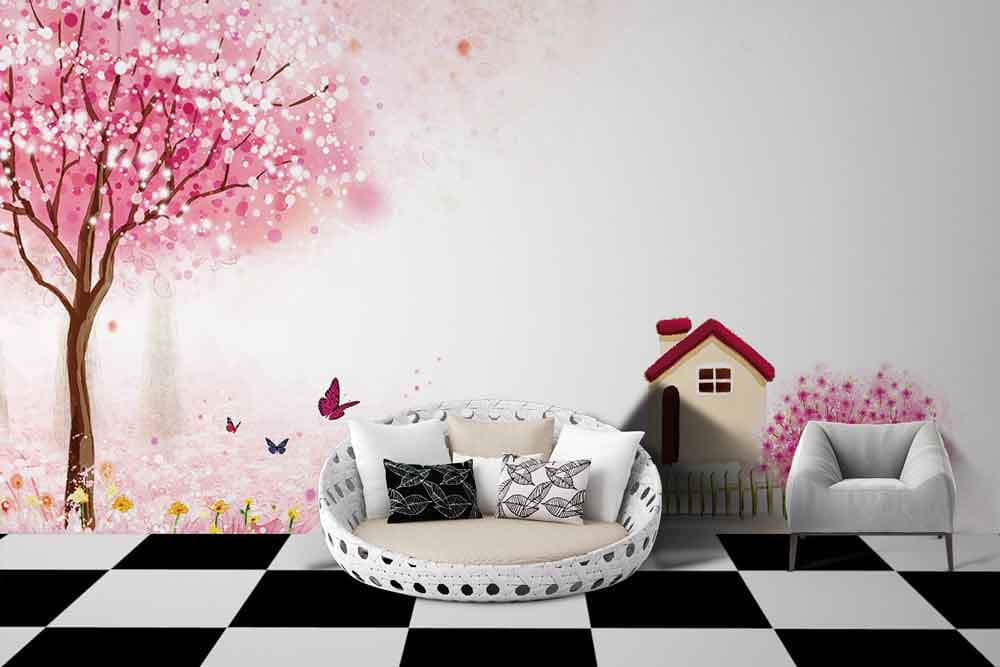 Pink Tree Petals Wallpaper shown in a room