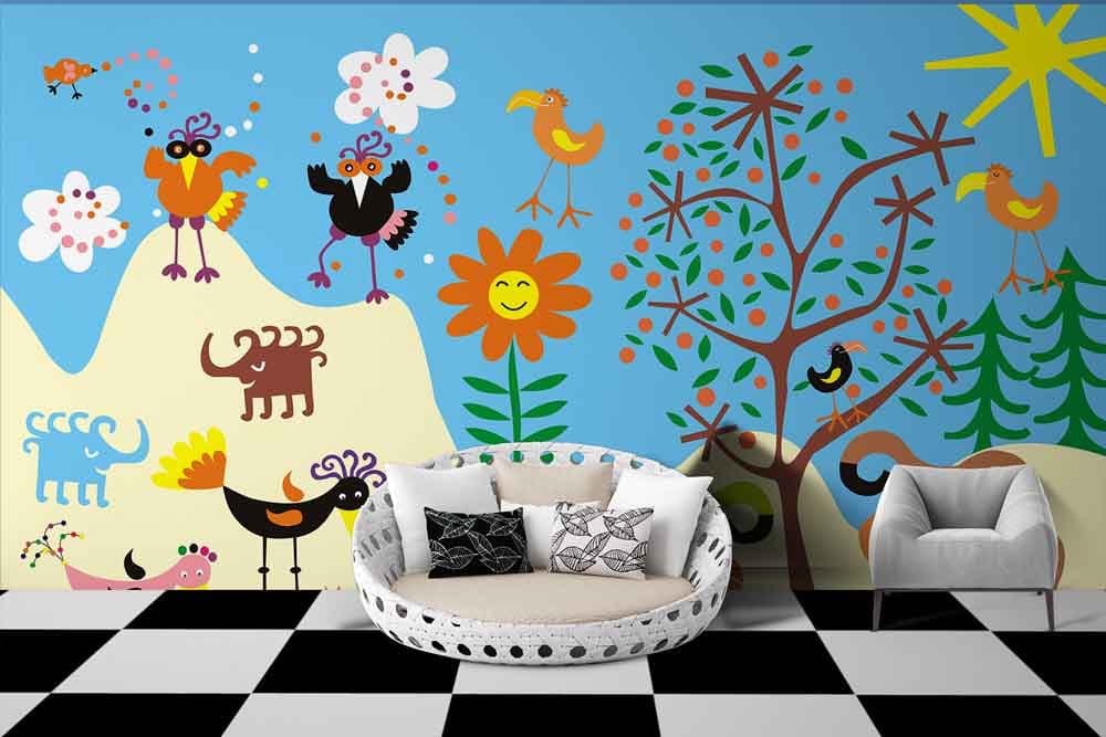 Creative Cartoon Art Wall Mural Design Wallpaper shown in a room