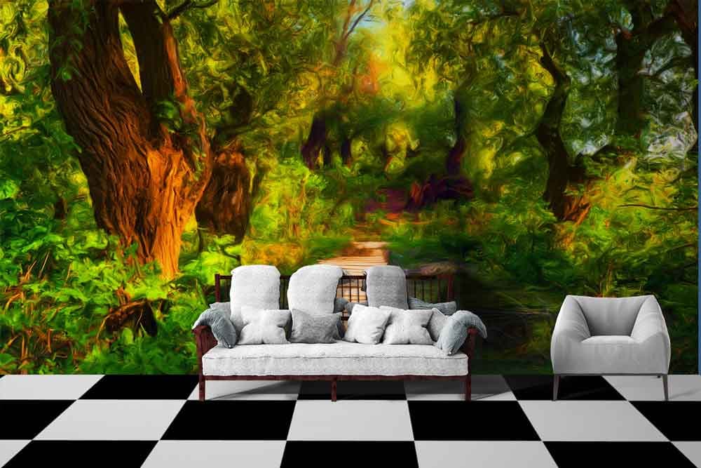 Forest Art Wallpaper shown in a room