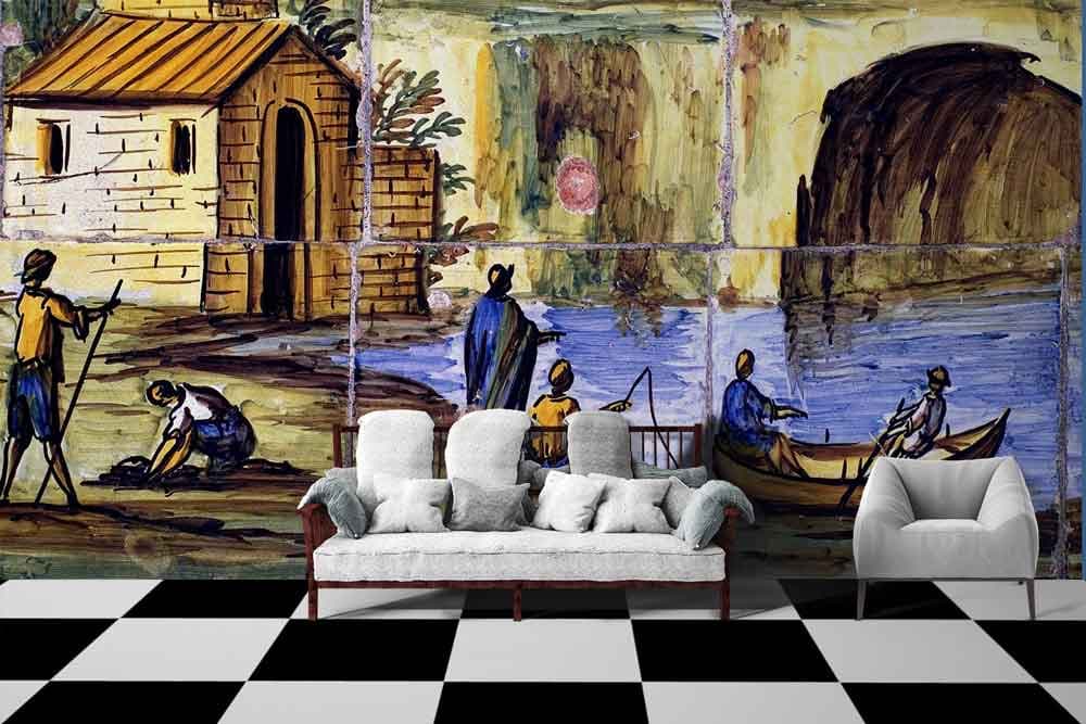 Elegant Rural Landscape Cultural Elements Wallpaper shown in a room