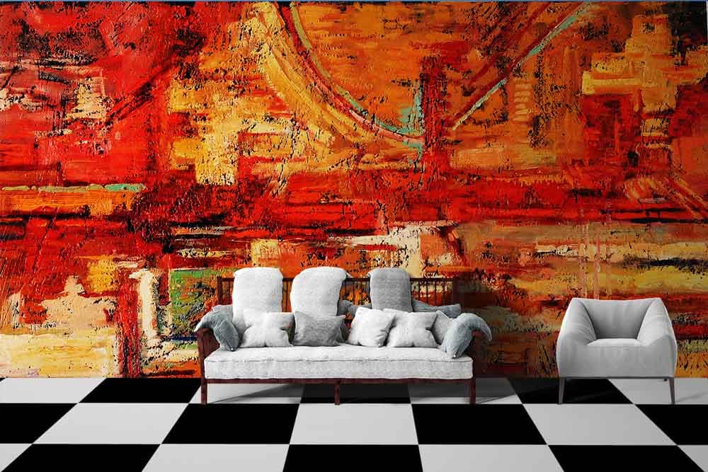 Red Abstract Painting Wallpaper shown in a room
