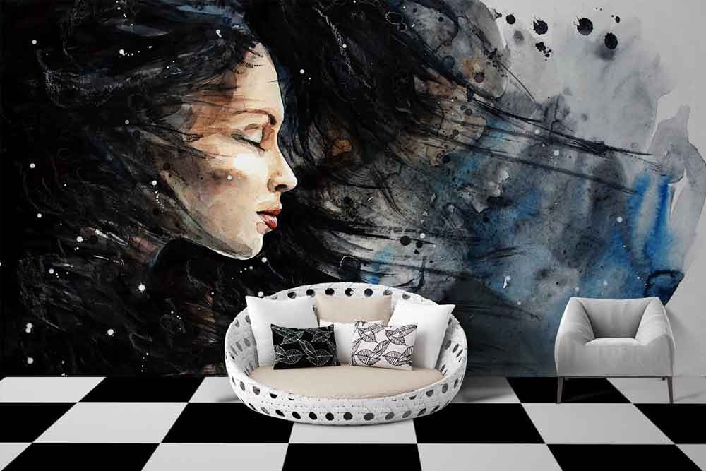Face Art On wall shown in a room