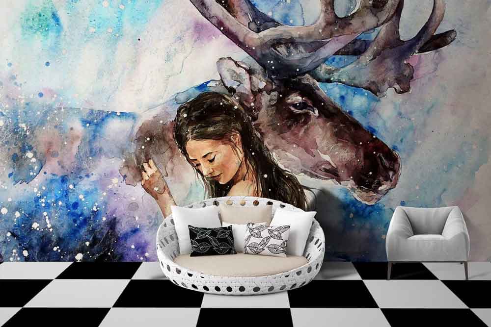 Dreamy Deer and Woman Art Wall Mural Wallpaper shown in a room