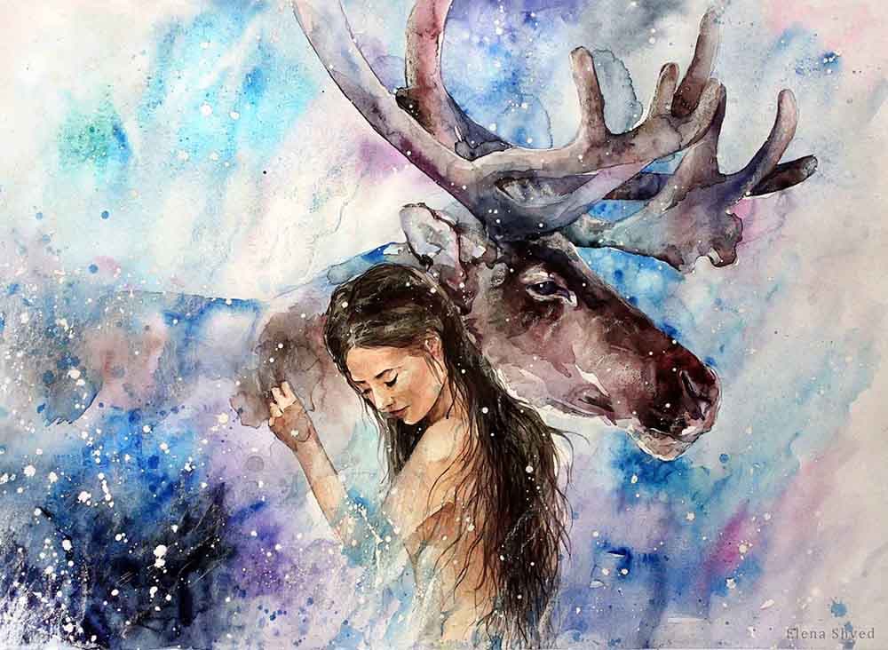 Dreamy Deer and Woman Art Wall Mural Wallpaper pattern detail