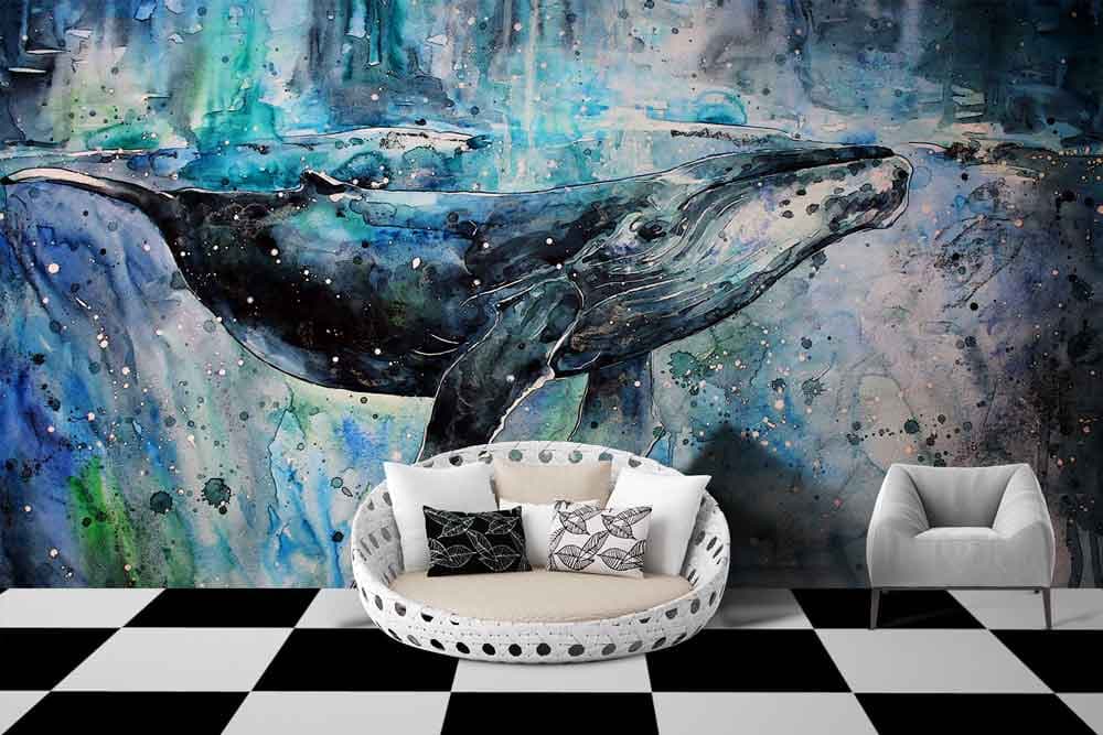 Ancient Fish Art Vintage Sea Life Wall Mural Wallpaper shown in a room