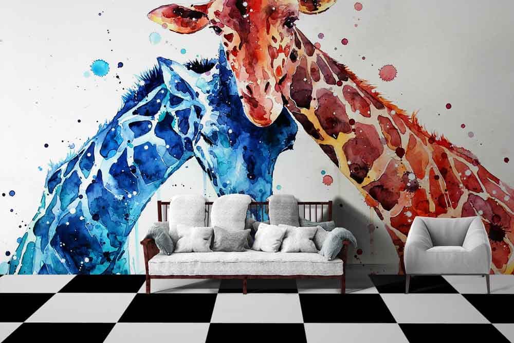 Giraffe Art Mural Wallpaper shown in a room
