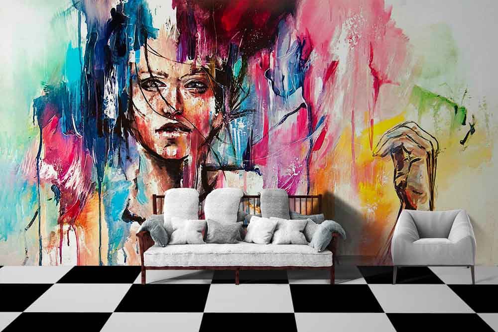 Artistic Lady Color Face Abstract Wallpaper Design shown in a room