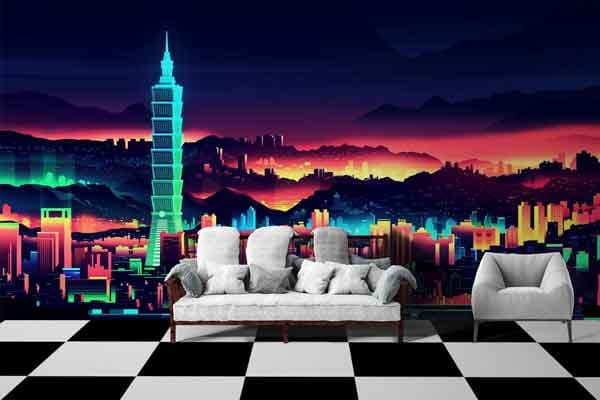 Romantic Evening in Paris Red Leaves wallpaper shown in a room