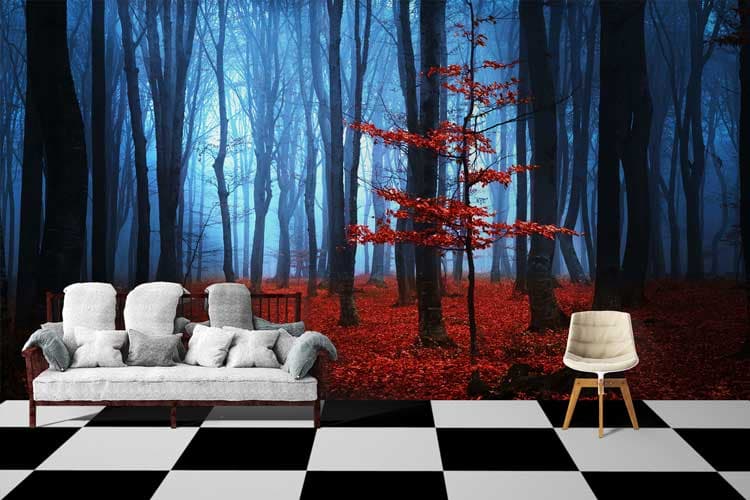 Dreamy Red Grass Landscape Wall Mural Wallpaper shown in a room