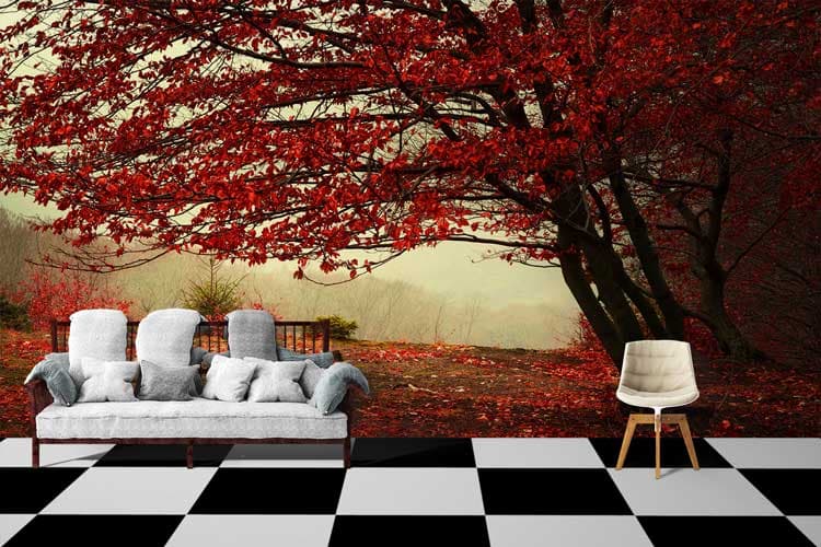 Elegant Red Branches Trees Wall Mural Wallpaper pattern detail