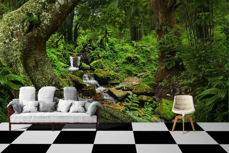 Peaceful Forest Reflection Wall Art Wallpaper shown in a room