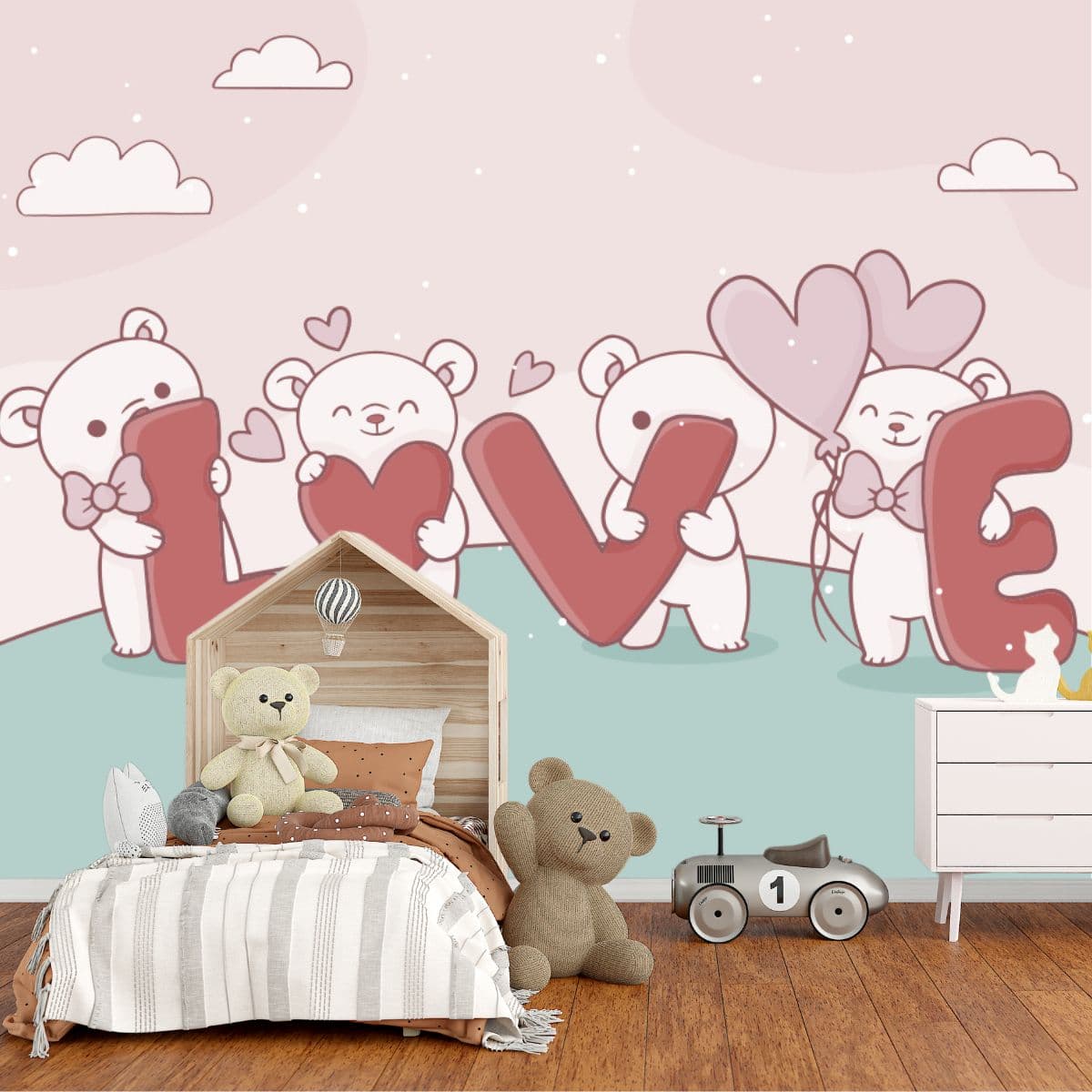 Pink teddy bear with love text wallpaper mural shown in a room