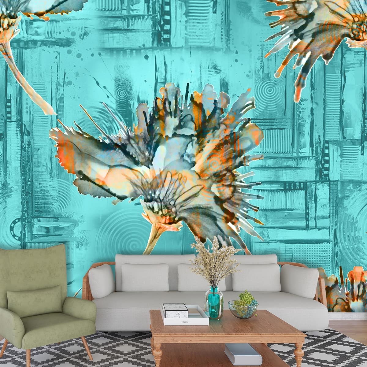 Floral Pattern on Blue Background Elegant Wall Mural Wallpaper shown in a room
