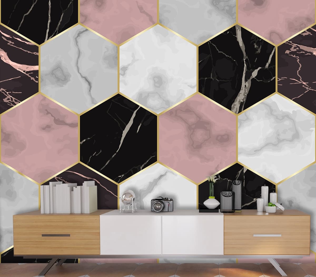 Gold Line Hexagon Geometric Pattern Wallpaper shown in a room