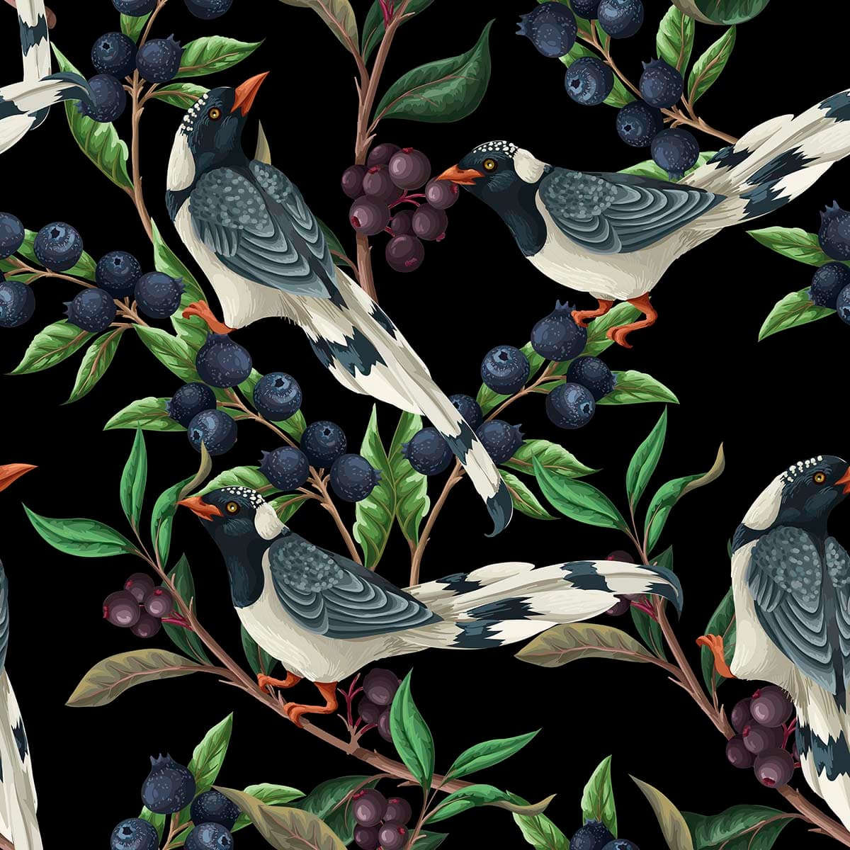 Birds and Berries Wallpaper Mural pattern detail