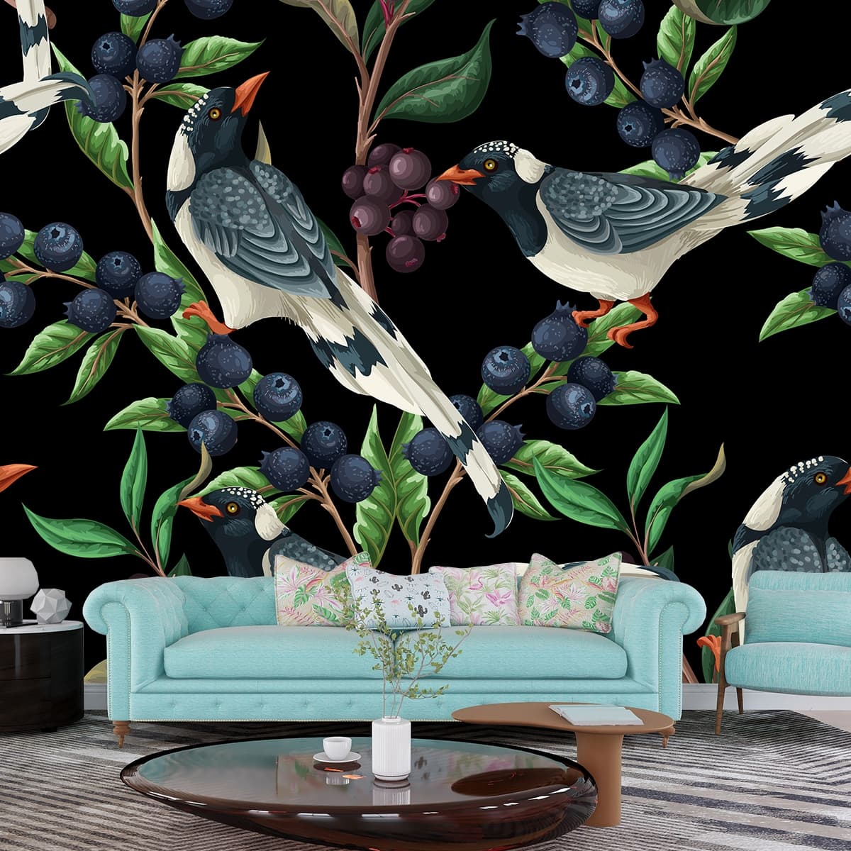 Birds and Berries Wallpaper Mural shown in a room