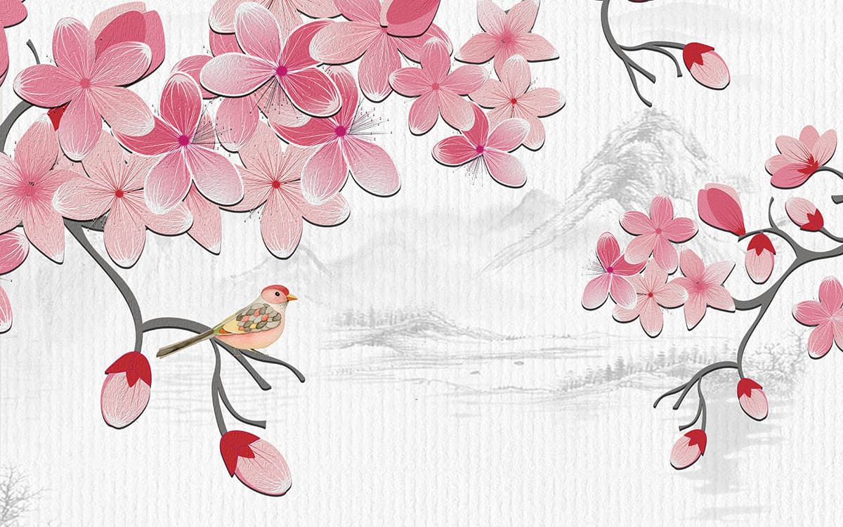 Soft pink blossoms with bird perched on branch art wallpaper pattern detail