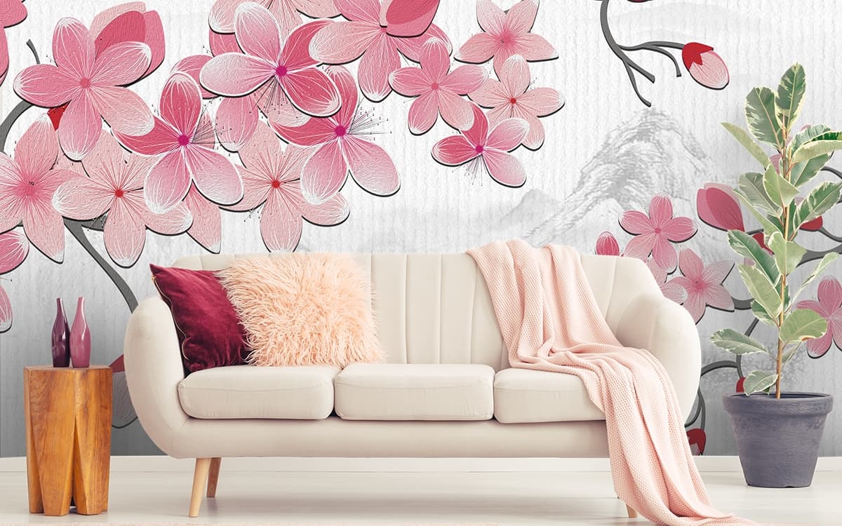 Soft pink blossoms with bird perched on branch art wallpaper shown in a room