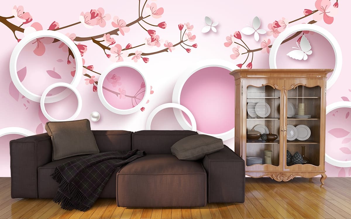 3D Circles and Flower Wallpaper for Living Room shown in a room