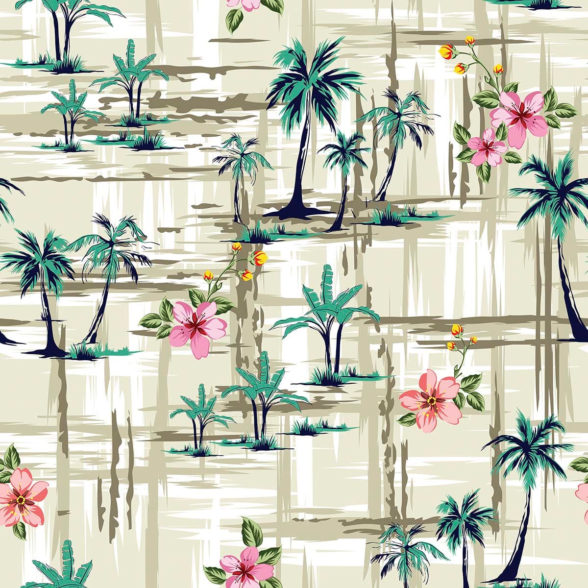 Tropical Palm Trees and Floral Pattern Designer Wallpaper pattern detail