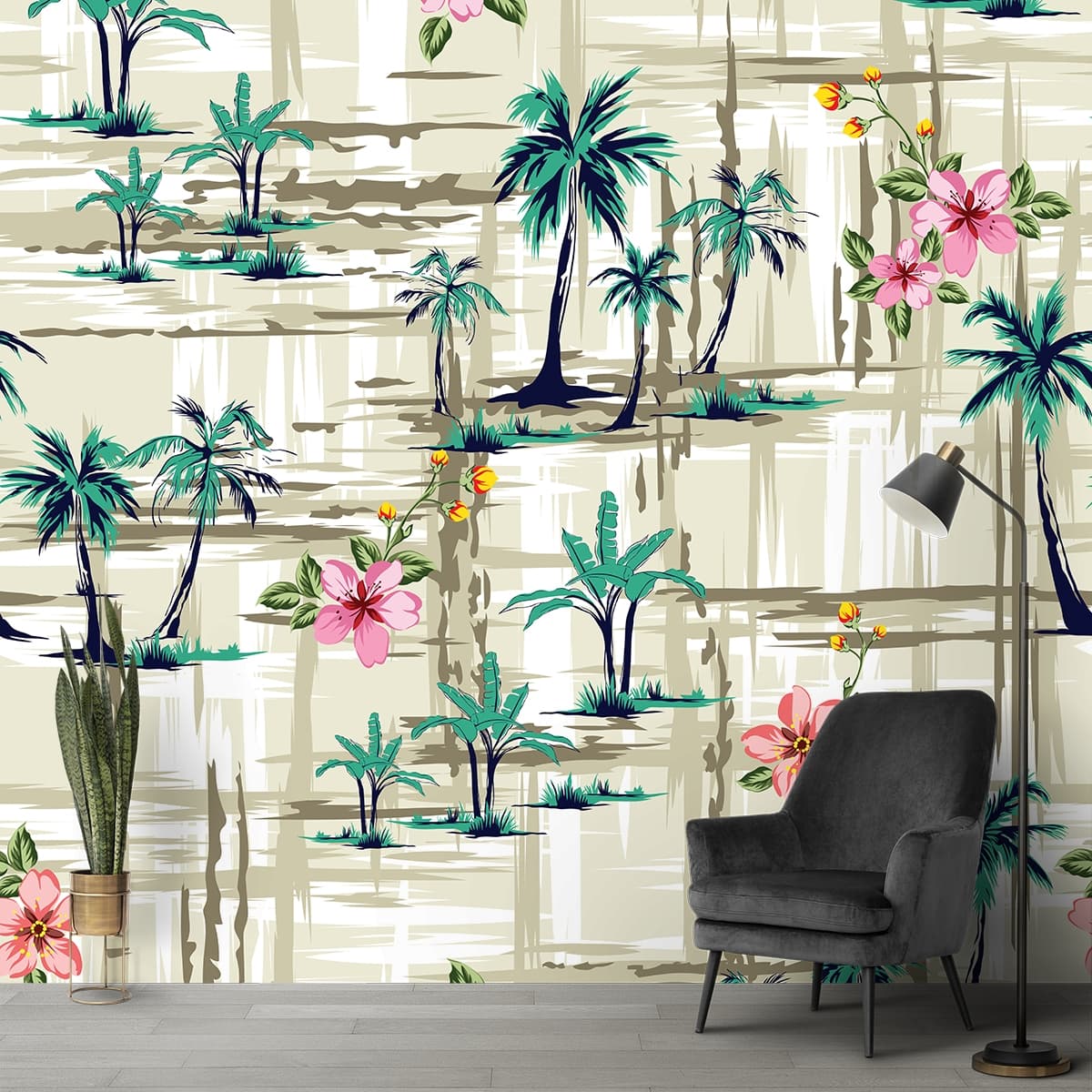 Tropical Palm Trees and Floral Pattern Designer Wallpaper shown in a room
