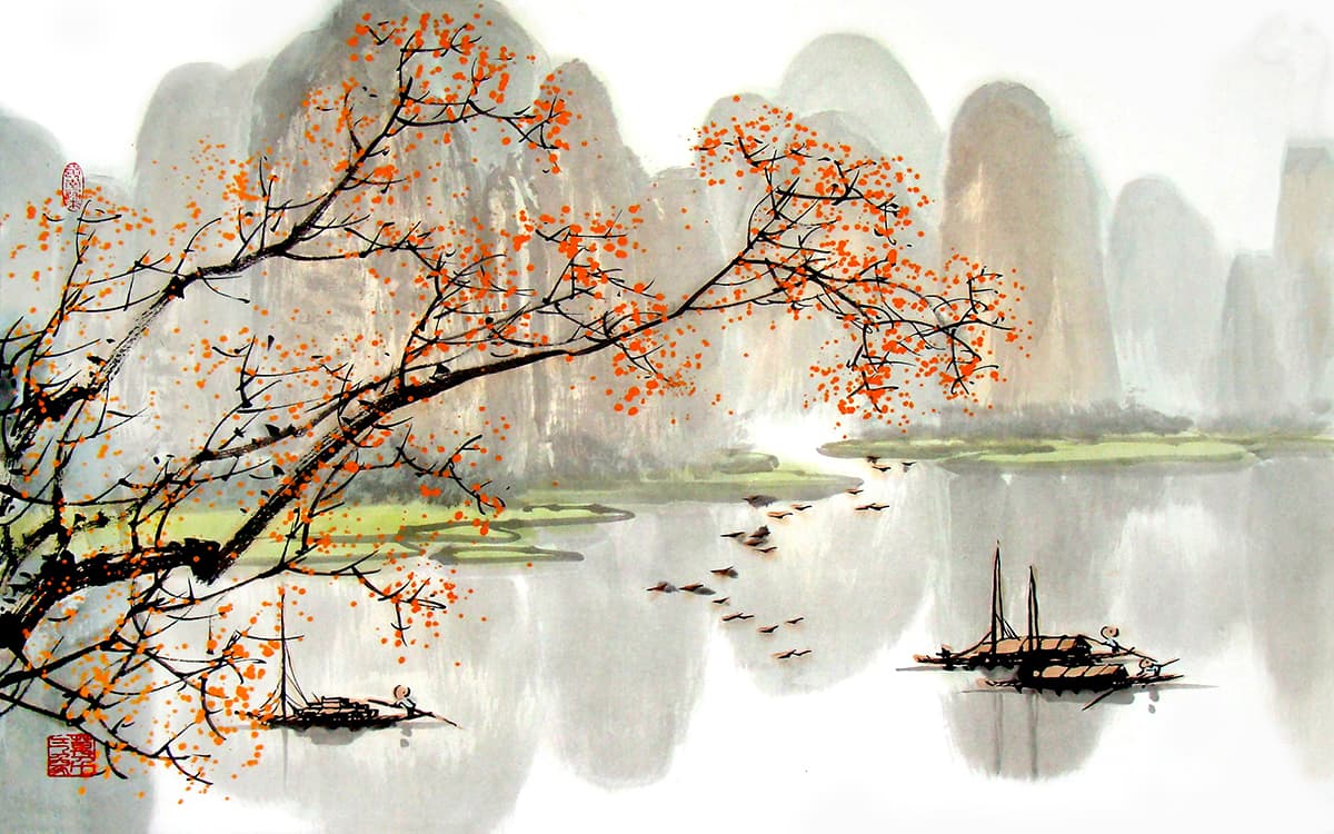 Tree with orange leaves lake scenery wallpaper mural pattern detail
