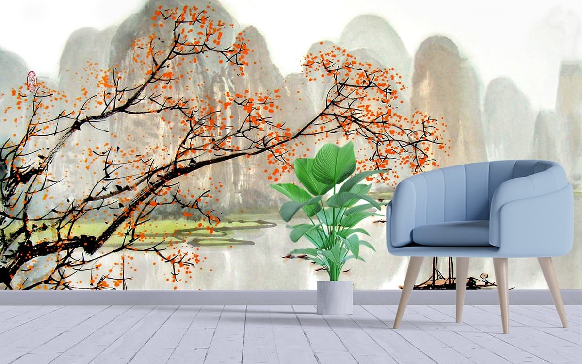 Tree with orange leaves lake scenery wallpaper mural shown in a room