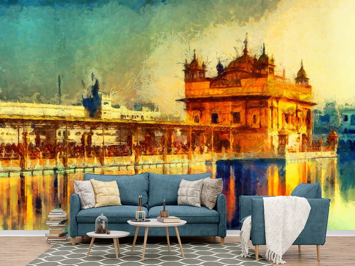 Premium Golden Temple Reflection Wallpaper shown in a room