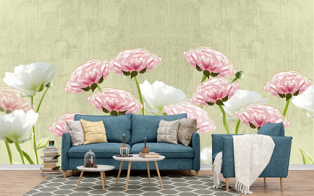 Pink and White Floral Blossom Nature Style Wallpaper shown in a room