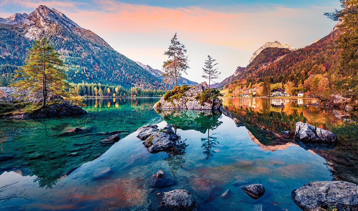3D Effect Lake With Rocks and Trees Scenery Wallpaper pattern detail